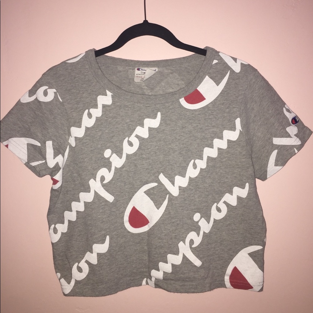 Champion All Over Script Grey Crop T-Shirt